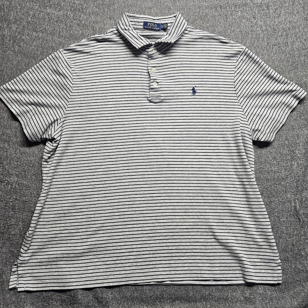 Polo Ralph Lauren Polo Shirt Mens XL Grey Navy Blue Striped Short Sleeve Pony - Picture 2 of 8